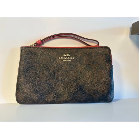 Coach dark brown and pink leather wristlet wallet EXCELLENT - Picture 1 of 7